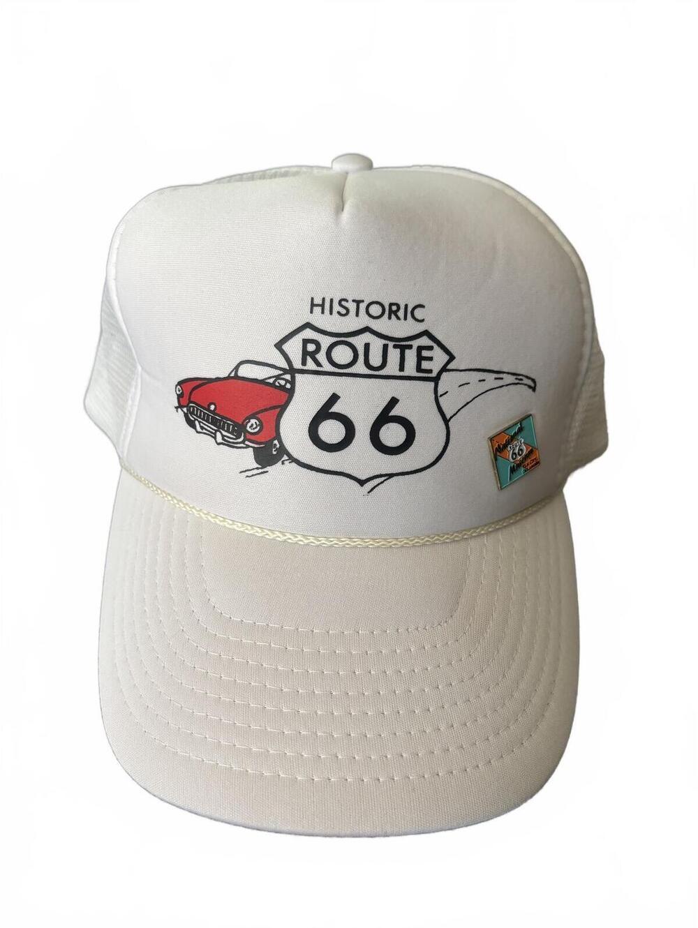 Vintage White Historic Route 66 Trucker Hat with Red Car Graphic and Pin